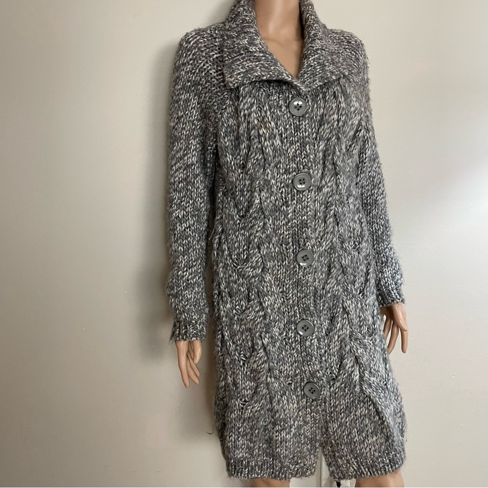 Women's MARYLINE Heather Grey CHUNKY CABLKNIT Long Line CARDIGAN Sweater Italy